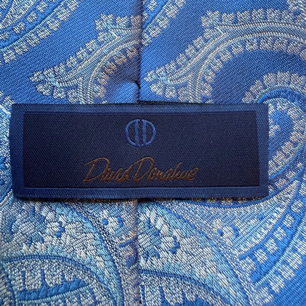 David Donahue Necktie XL Paisley Blue Silk Woven Italy Handmade USA